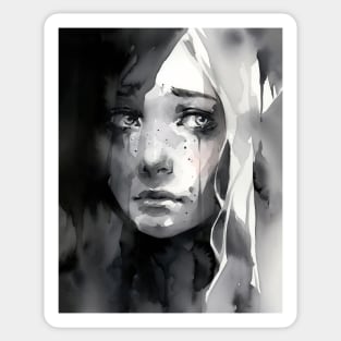 Tears in Monochrome: A Watercolor Portrait Sticker